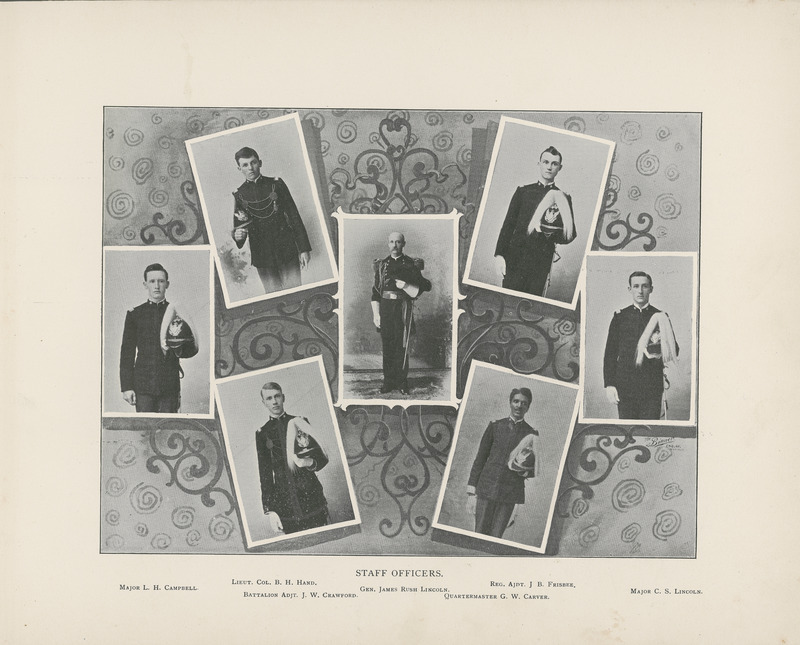 Page from the 1895 Bomb yearbook showing portraits of staff officers in the Department of Military Science and Tactics, including Lieut. Col. B. H. Hand, Reg. Adjt. J. B. Frisbee, Major L. H. Campbell, Gen. James Rush Lincoln, Battalion Adjt. J. W. Crawford, and Quartermaster G. W. Carver.